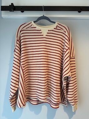 American Eagle Cream & Burgundy Striped Knit Lounge Top